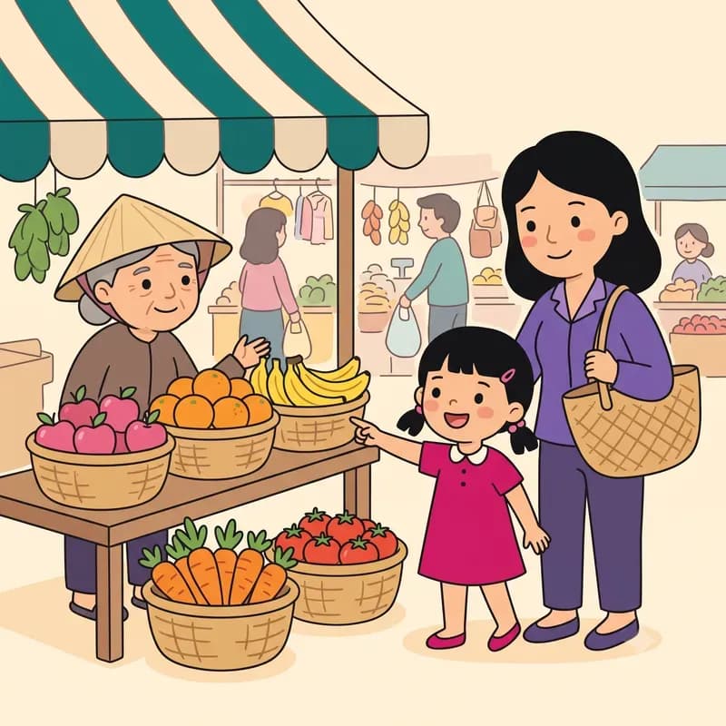 Bé Mai và mẹ đứng trước sạp rau quả ở chợ