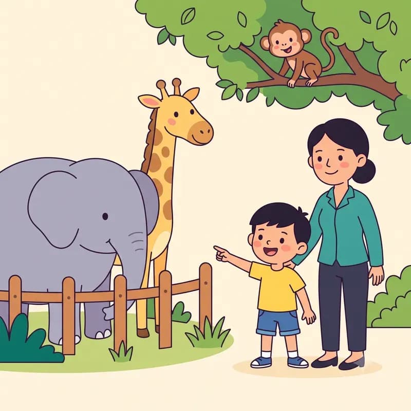 Bé Nam và mẹ ngắm voi và hươu cao cổ ở sở thú