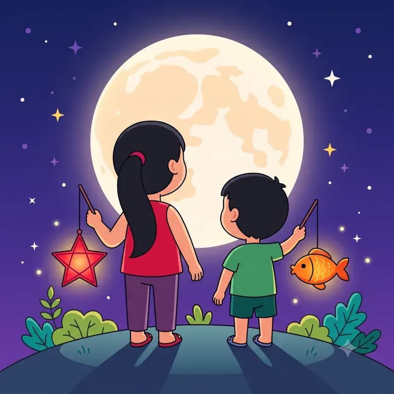 Hai chị em cầm đèn lồng ngắm trăng rằm